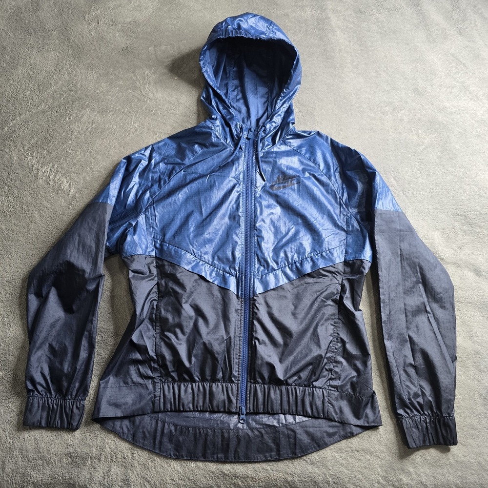 Nike Sportswear Windrunner Jacket Womens Medium Blue Hooded Long Sleeve Chevron